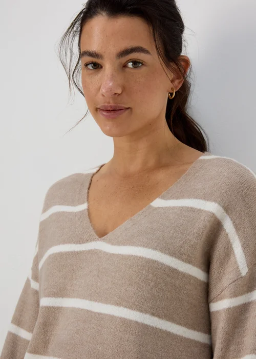 Beige Spandex Stripe V Neck Jumper - XS Image 3