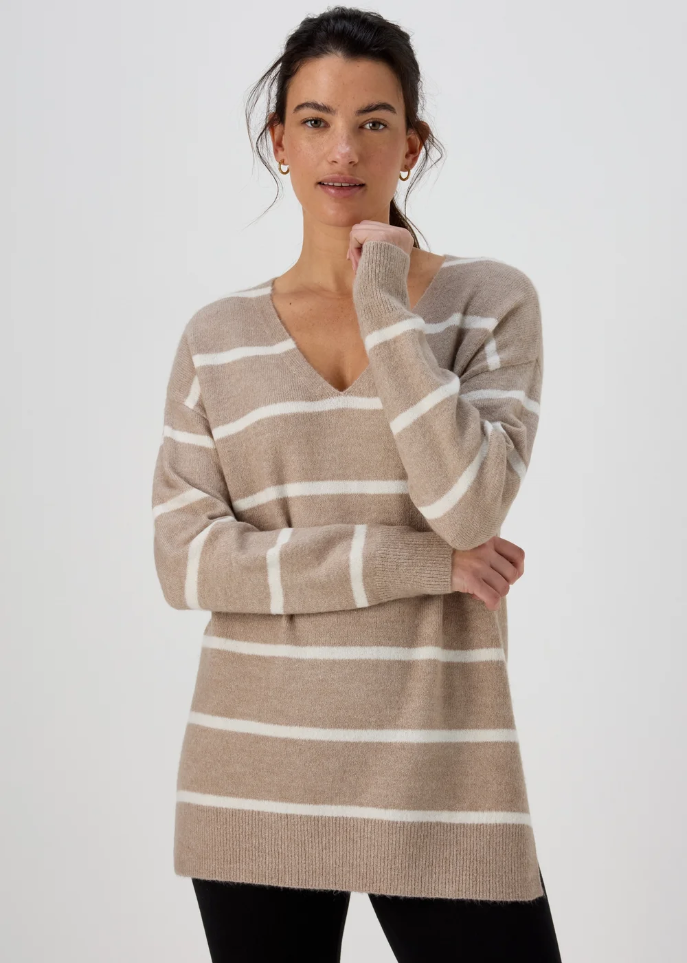 Beige Spandex Stripe V Neck Jumper - XS Image 1