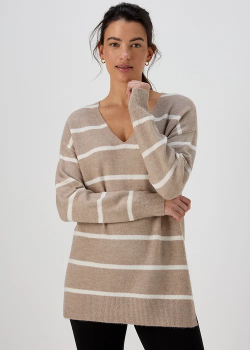 Beige Spandex Stripe V Neck Jumper - XS Image 1