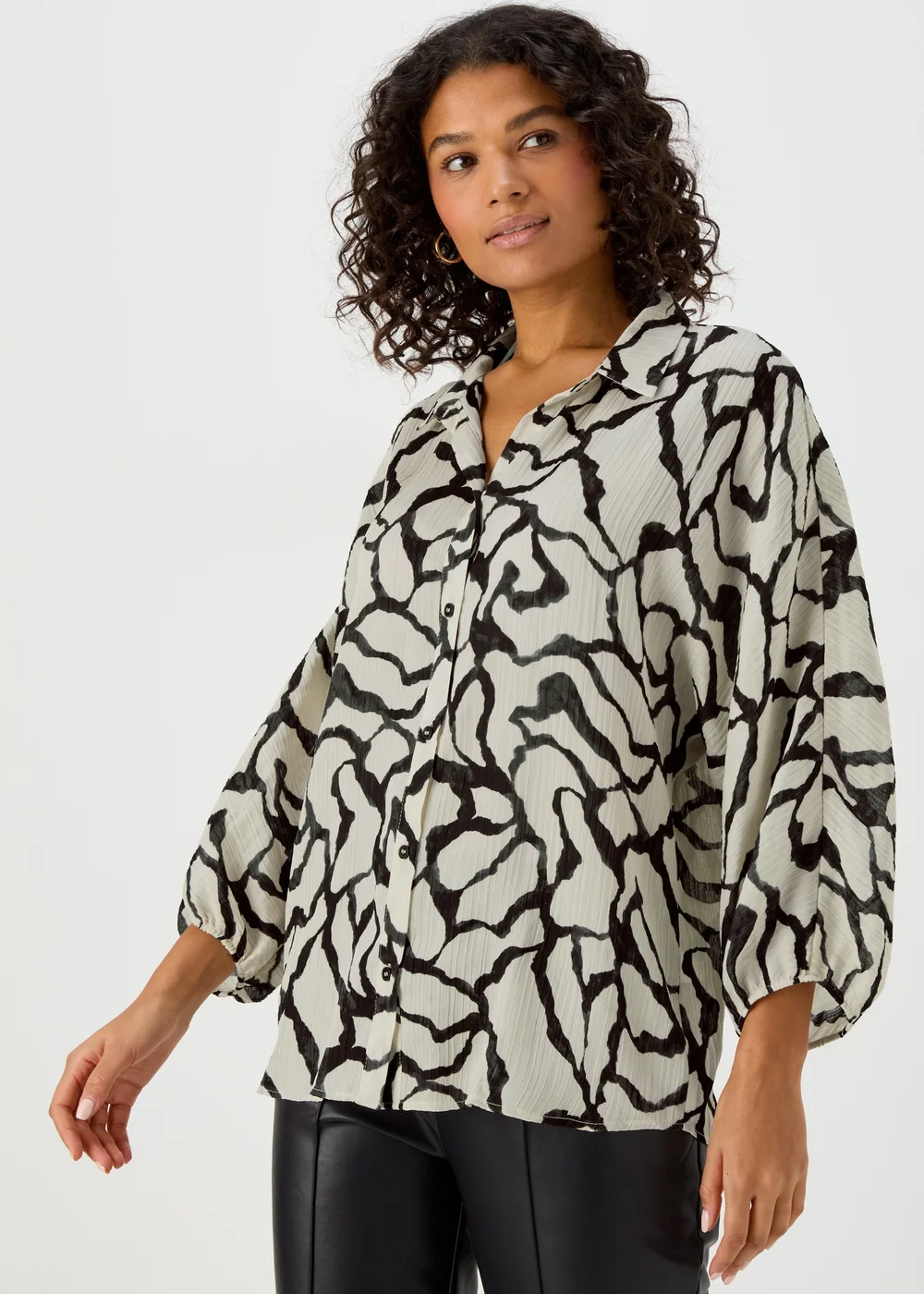 White Print Textured Balloon Sleeve Shirt - Size 8 Image 1