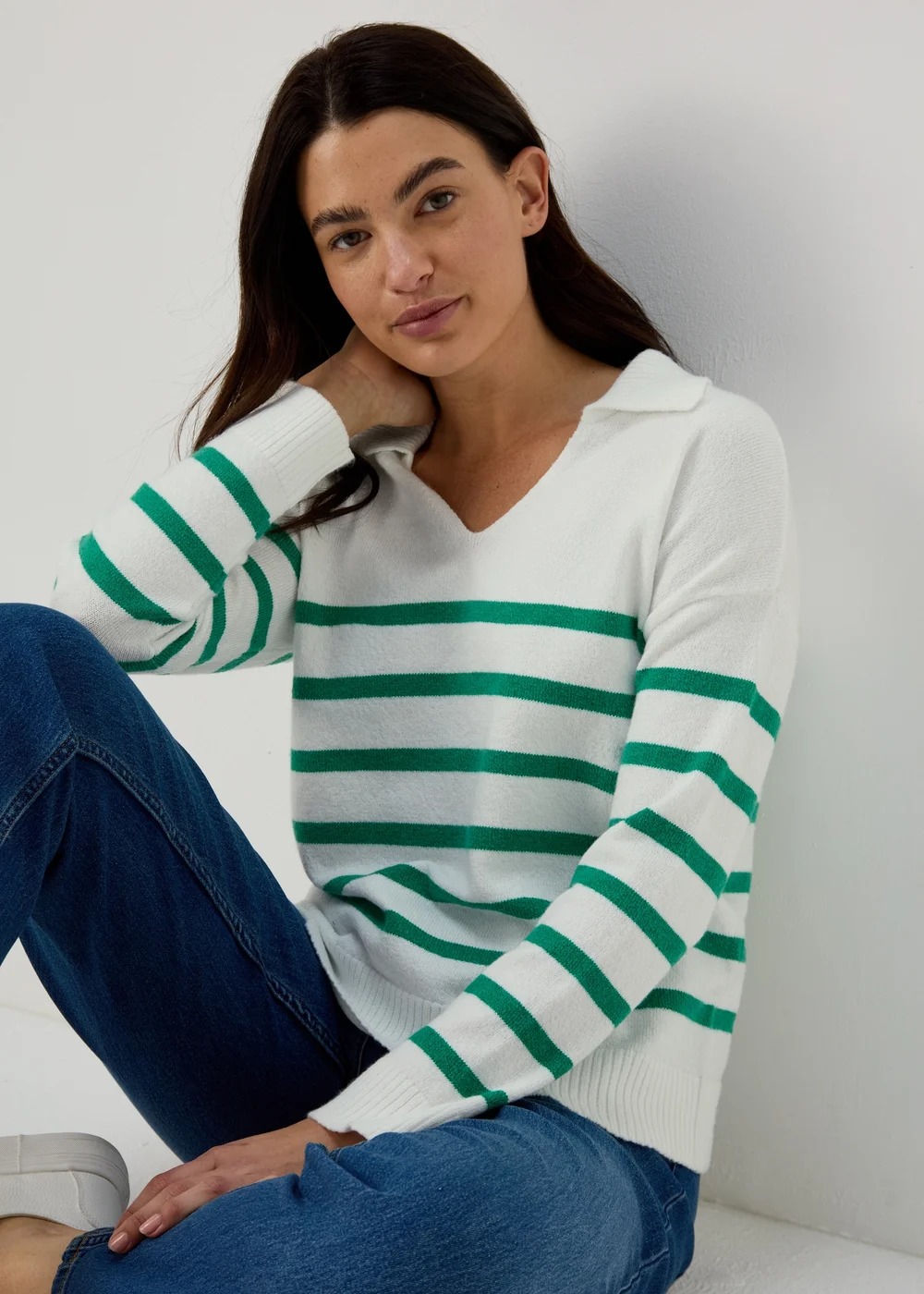 Ivory Green Stripe Open Collar
Jumper - XS Image 2