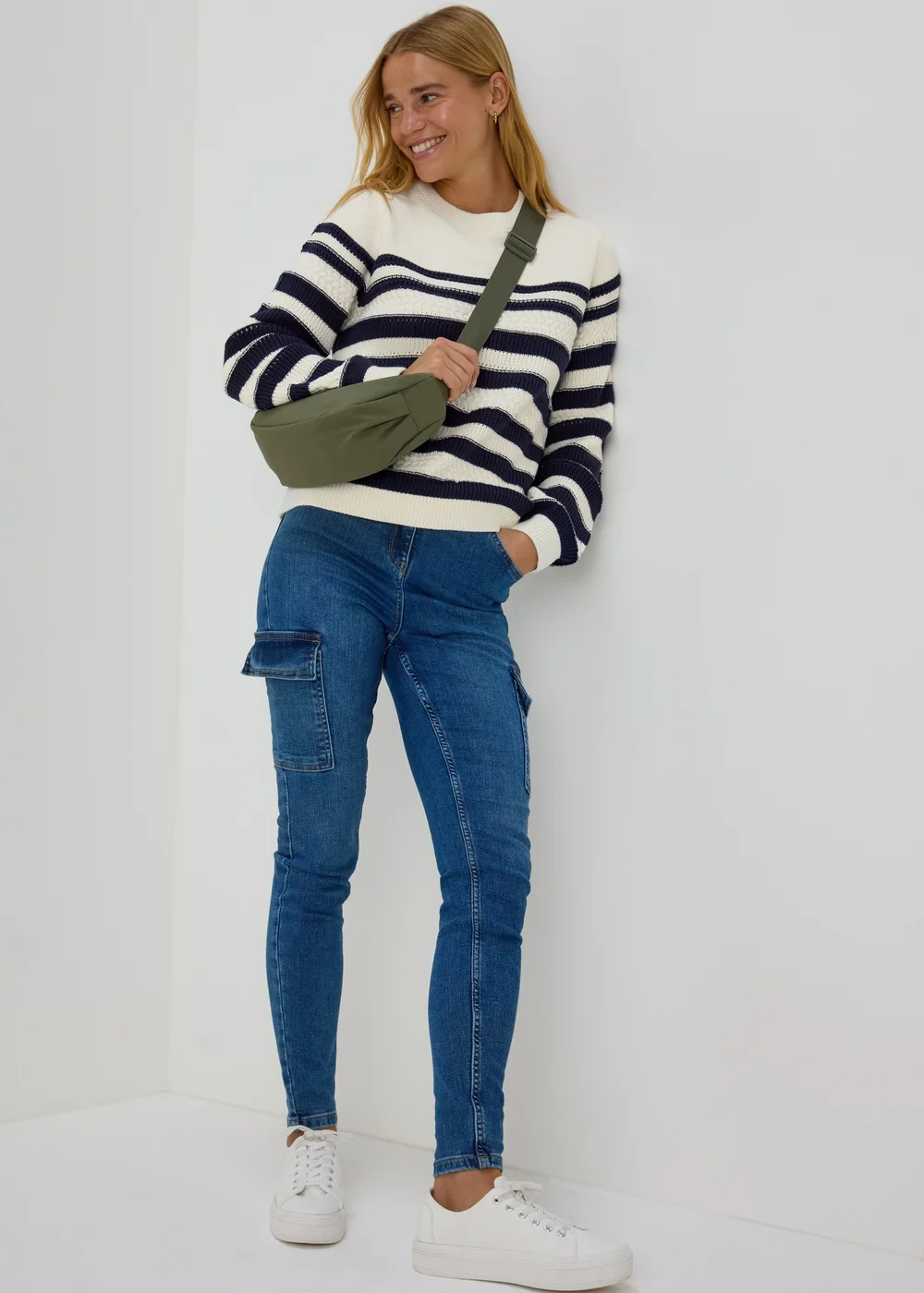 Cream & Navy Stripe Cable Jumper - XS Image 4