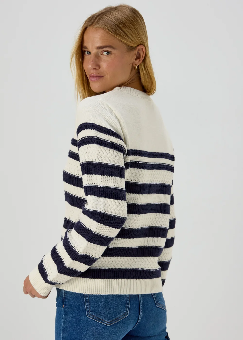 Cream & Navy Stripe Cable Jumper - XS Image 2