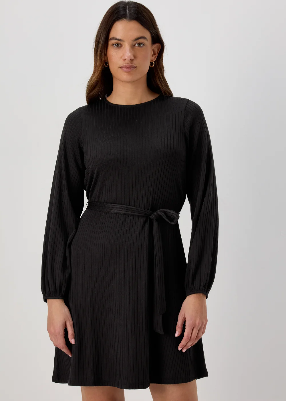 Black Belted Ribbed Mini Dress - 8 Image 1
