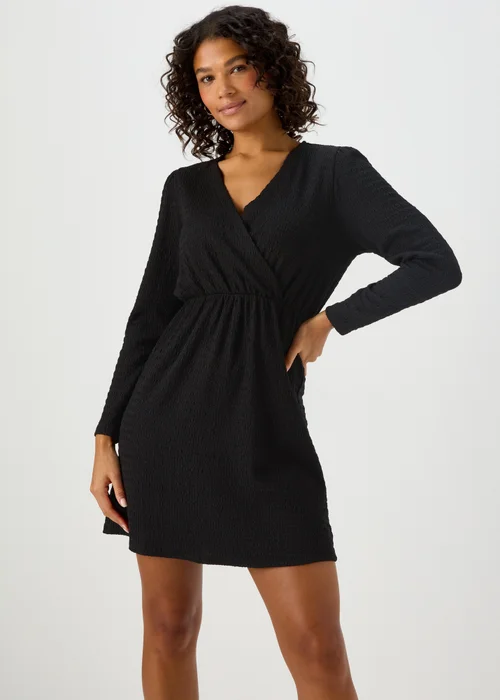 Black Textured Jersey wrap Mini Dress - 8 Image 1