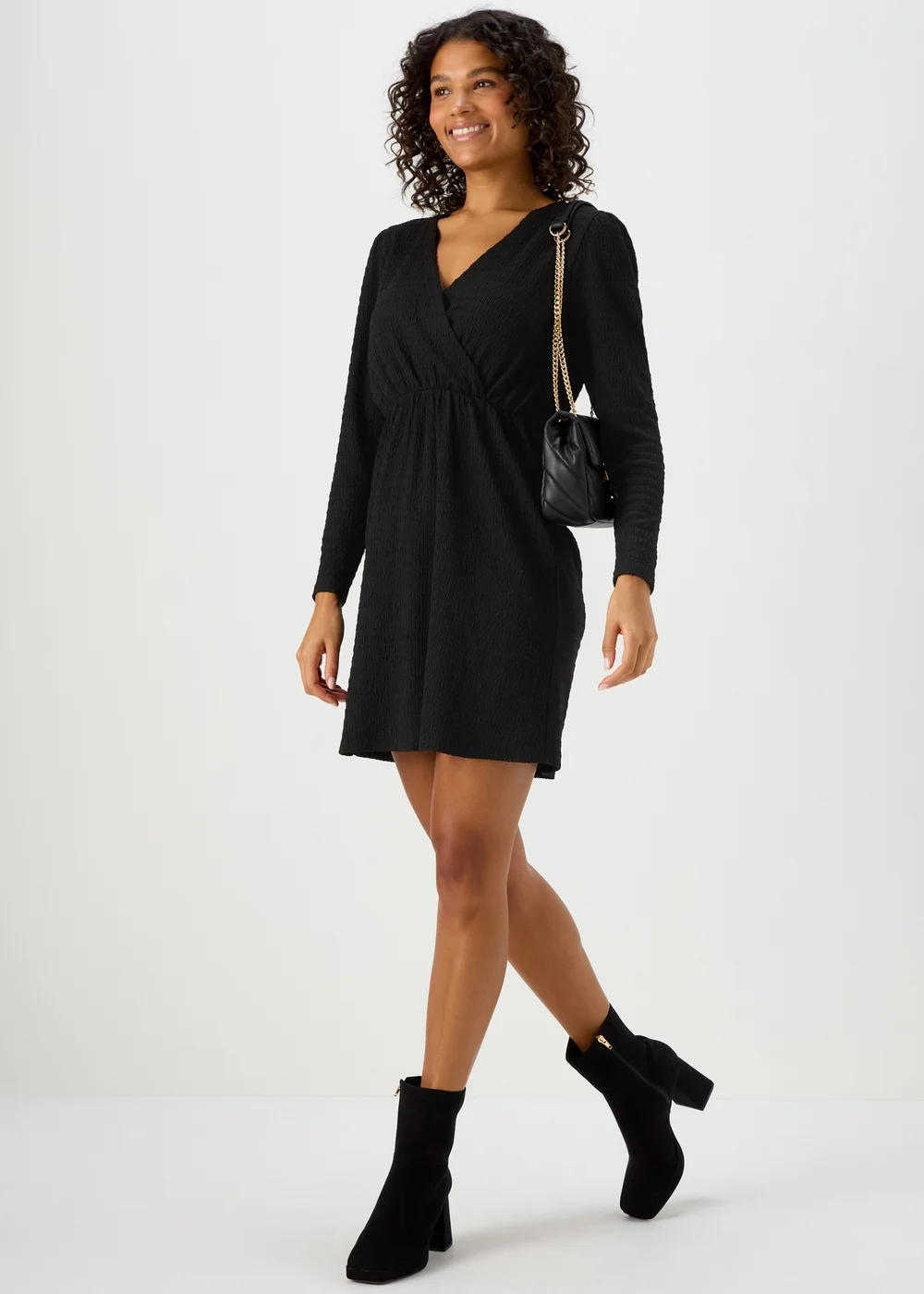 Black Textured Jersey wrap Mini Dress - 8 Image 4