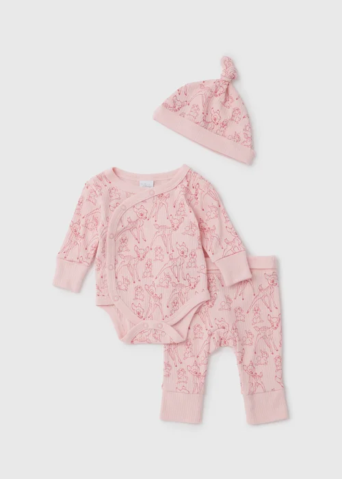 Disney Baby Pink Bambi Ribbed 3 Piece Set (Newborn-23mths) - 0-3 months Image 1