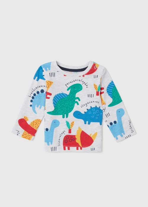 Boys Grey Marl Dinosaur Print Long Sleeve T-Shirt (Newborn-23yrs) - 0-3 months Image 1