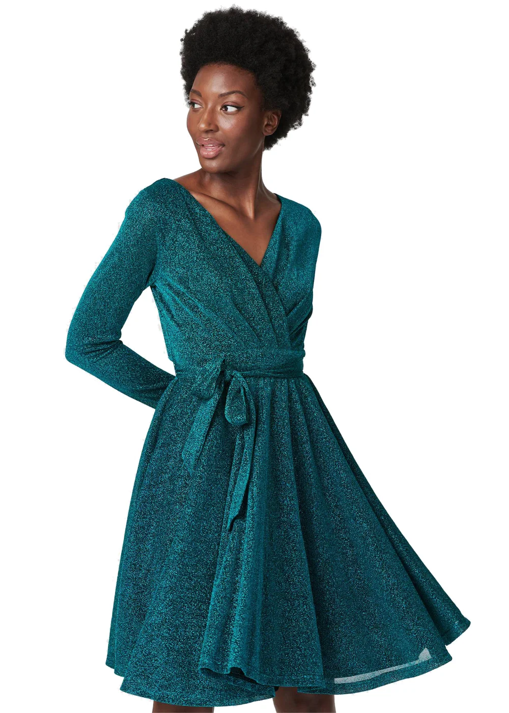 Izabel London Emerald Lurex Wrap Front Fit & Flare Dress - 14 | Matalan Izabel London Emerald Lurex Wrap Front Fit & Flare Dress - 14 | Matalan