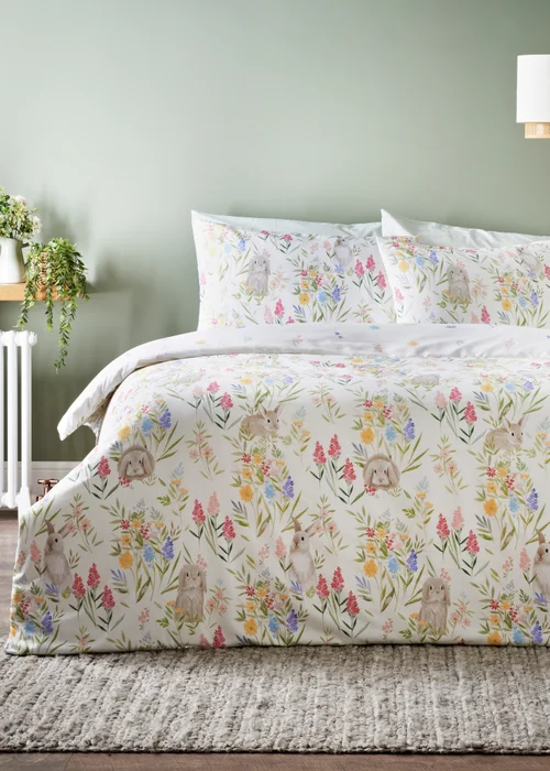 White Floral Rabbit Duvet Set - Single Image 1