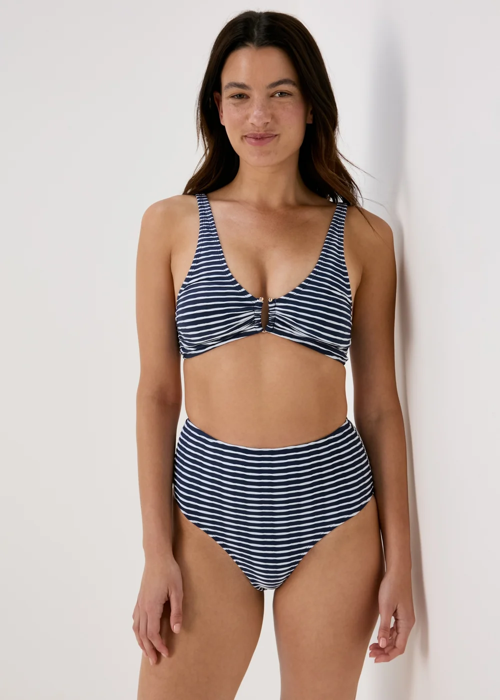 Navy Stripe Textured High Waisted Brazilian Bottoms - 6 Image 1