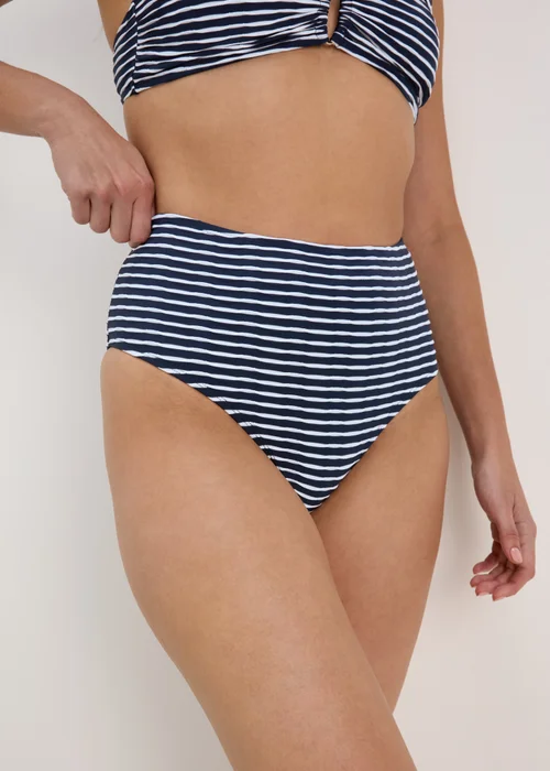 Navy Stripe Textured High Waisted Brazilian Bottoms - 6 Image 3