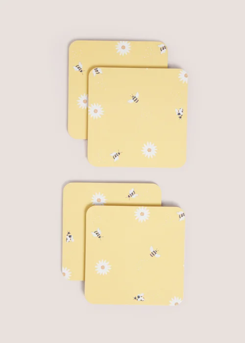 4 Pack Light Yellow Daisy Bee Cork Coasters Image 1