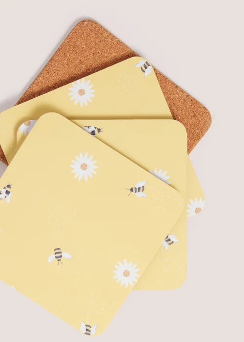 4 Pack Light Yellow Daisy Bee Cork Coasters Image 2