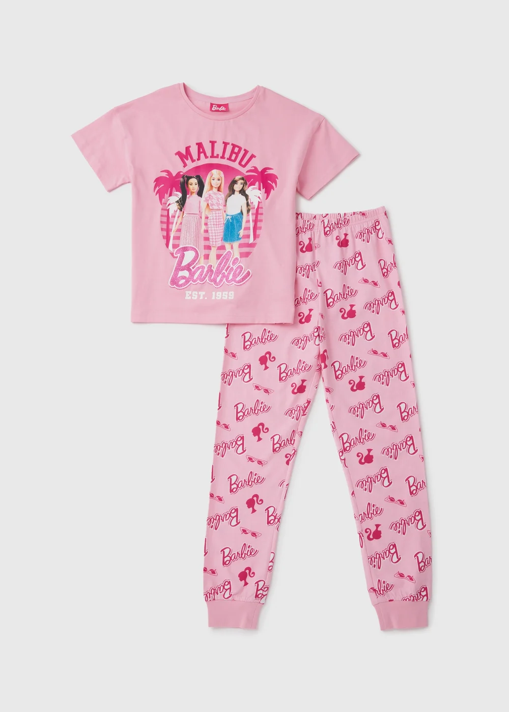 Pink Barbie Dolls Slogan Pyjama Set (4-12yrs) - Age 7 Years Image 1
