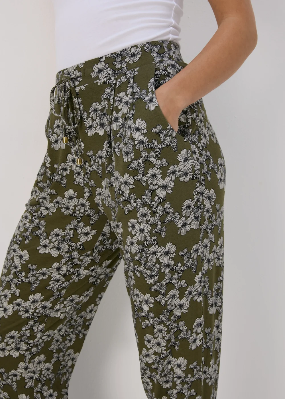 Khaki Butterfly Print Harem Trousers - 8 Image 3