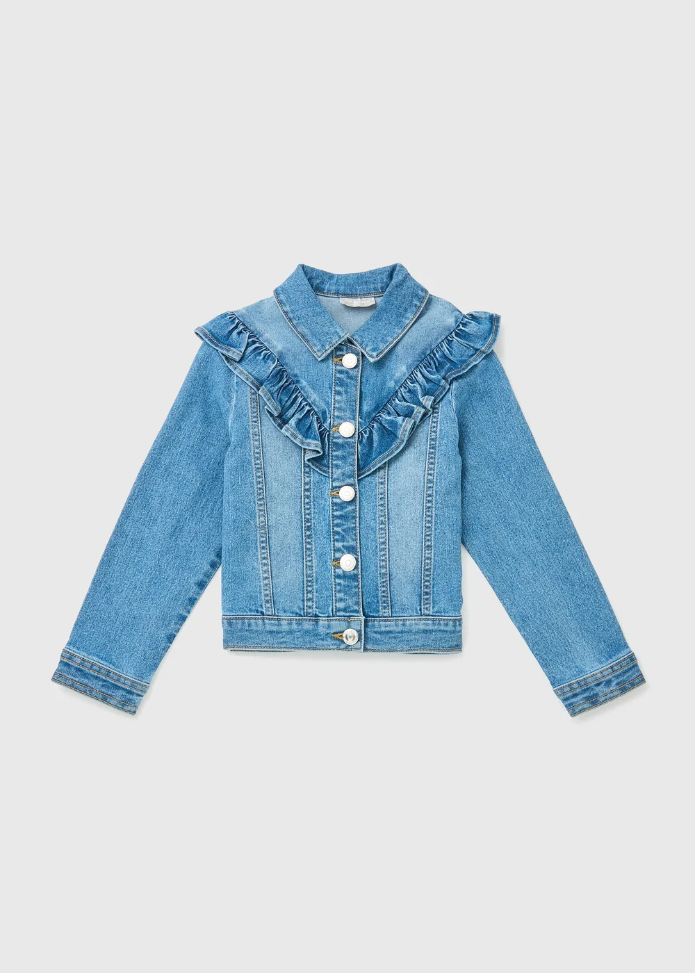 Girls Denim Mid Wash Frill Detail Denim Jacket (7-13yrs) - 7 Yrs Image 1