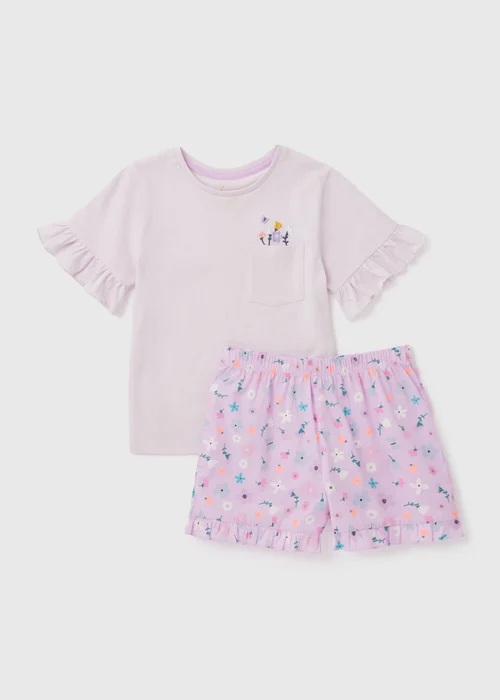 Girls Lilac Floral Woven Jersey Top & Shorts Pyjama Set (4-13yrs) - Age 4 Years Image 1