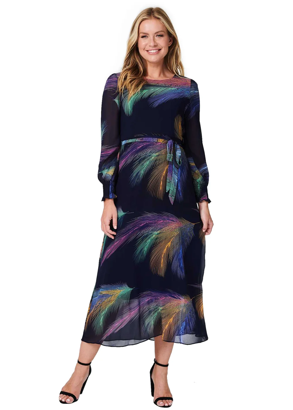 Izabel London Navy Printed Long Sleeve Midi Dress - 8 Image 1