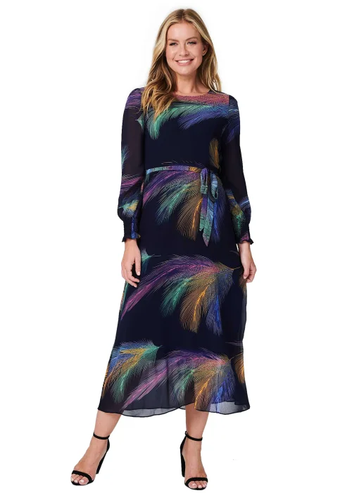 Izabel London Navy Printed Long Sleeve Midi Dress - 8 Image 1