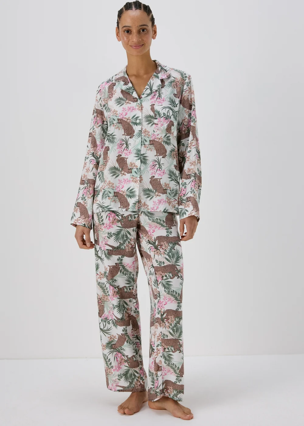 Cream Animal Print Viscose Pyjama Set - Size 8 Image 1