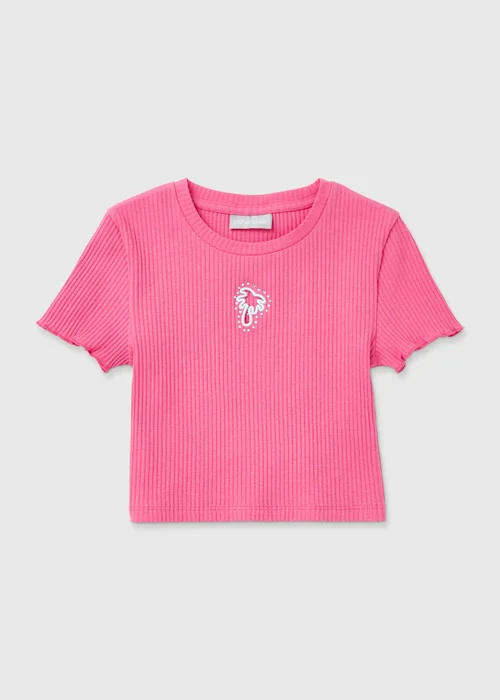 Girls Pink Ribbed Cut Out Palm Tree T-Shirt (7-15yrs) - 7 Yrs Image 1
