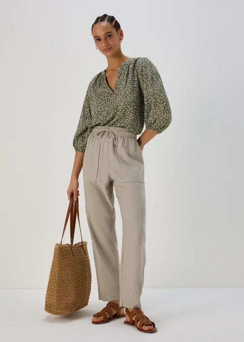 Beige Tapered Linen Cargo Trousers - 8 Image 1