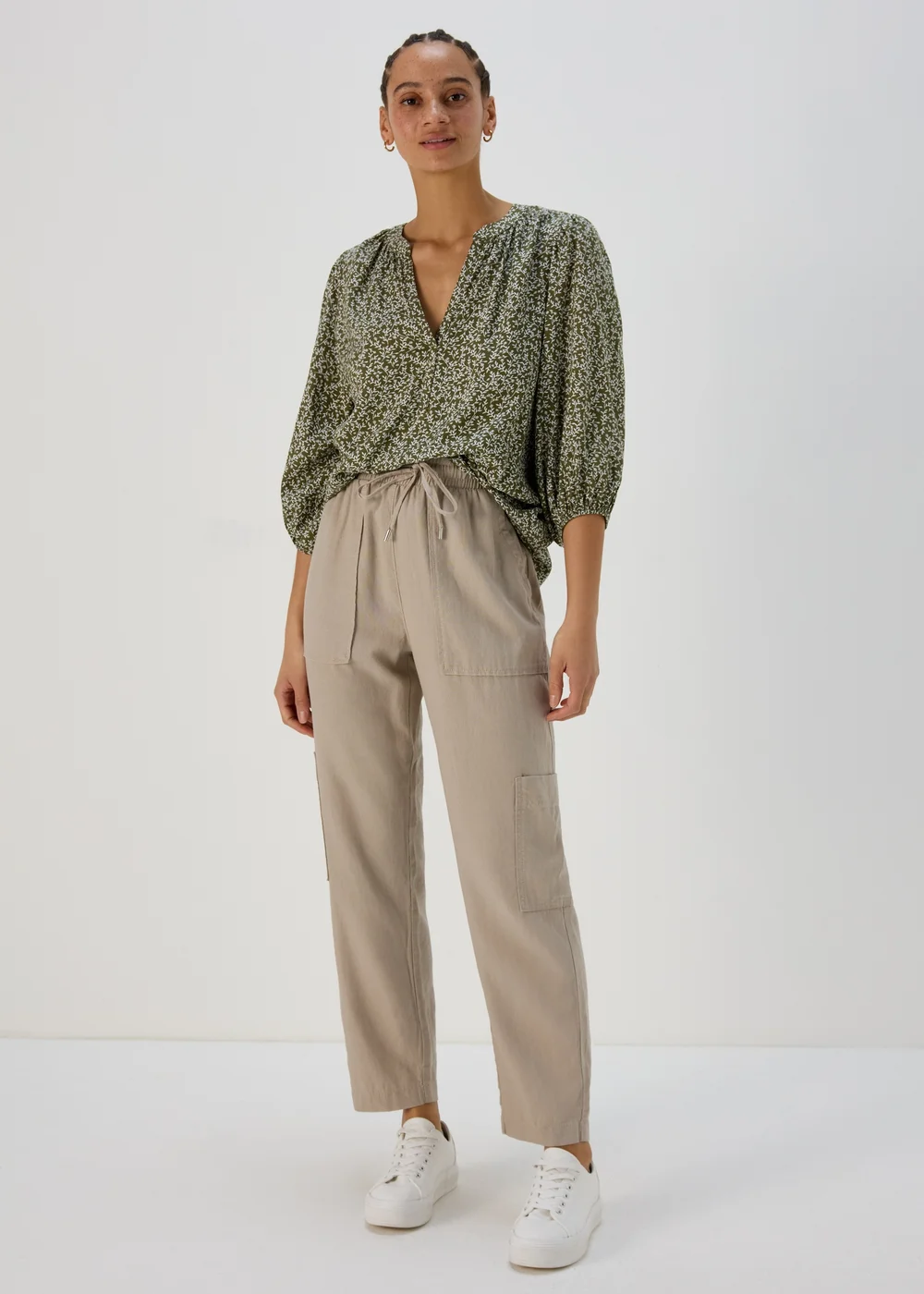 Beige Tapered Linen Cargo Trousers - 8 Image 4