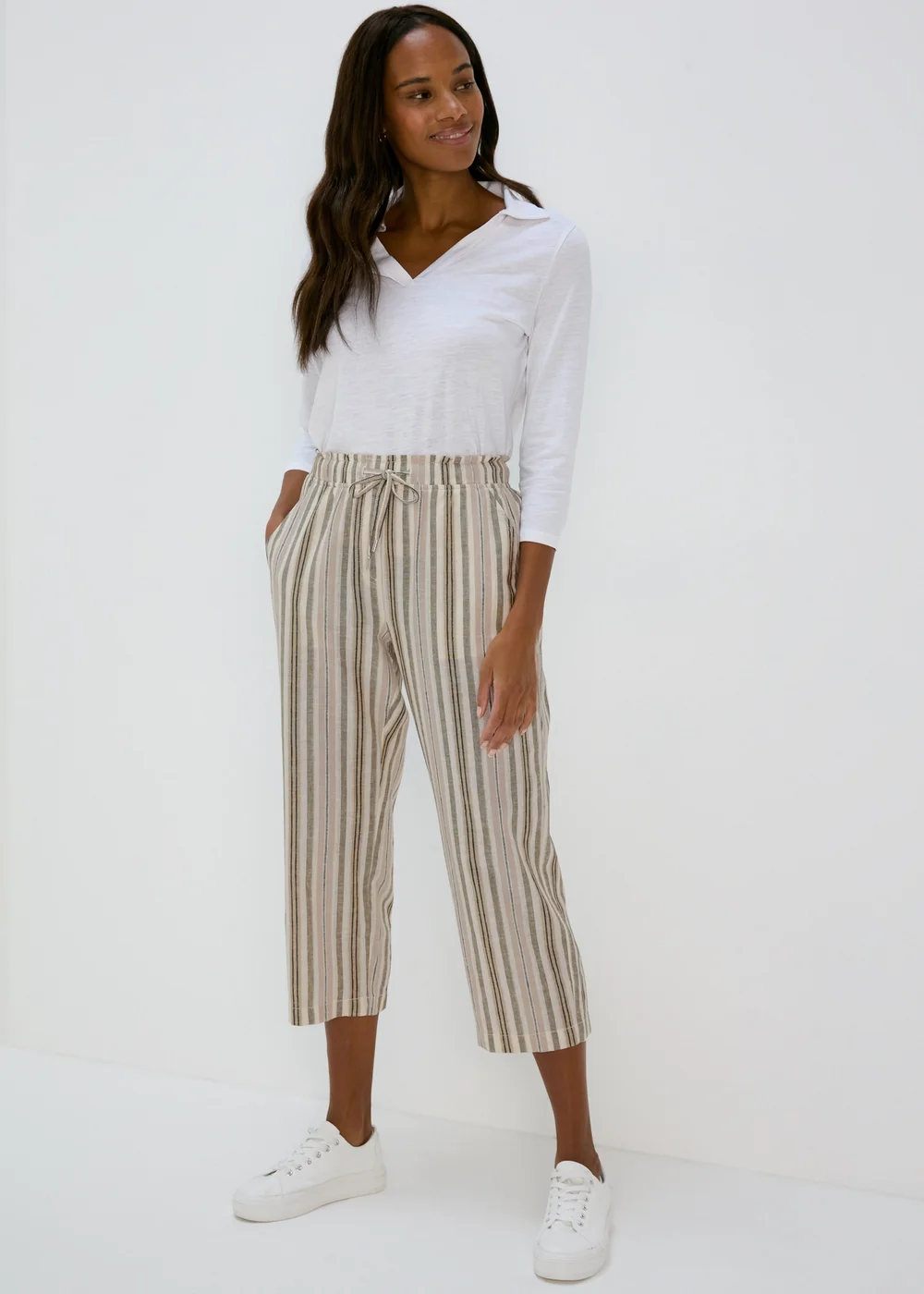 Khaki Stripe Tapered Cropped Linen Trousers - Size 8 Image 1