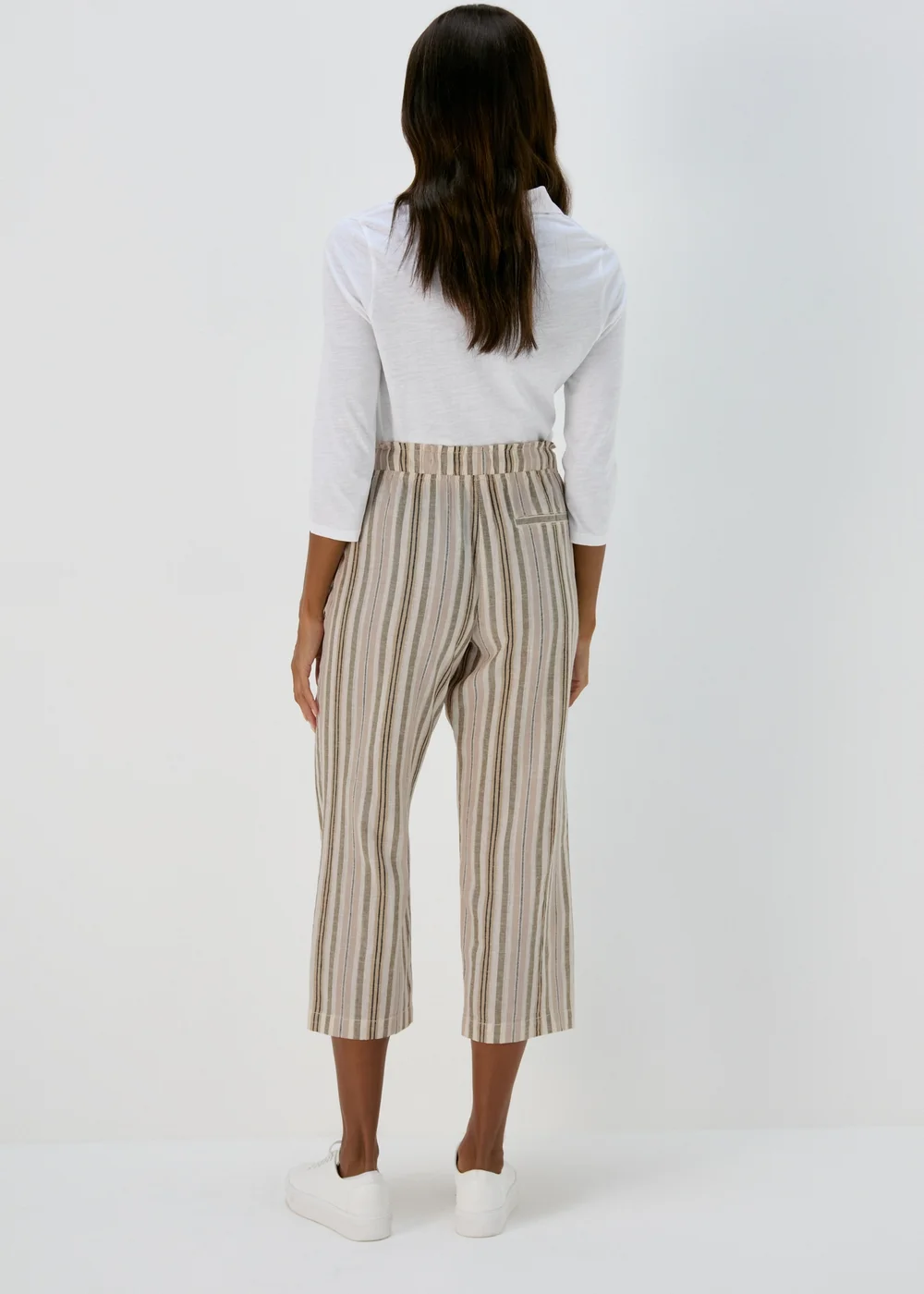 Khaki Stripe Tapered Cropped Linen Trousers - Size 8 Image 2