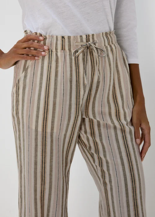Khaki Stripe Tapered Cropped Linen Trousers - Size 8 Image 3