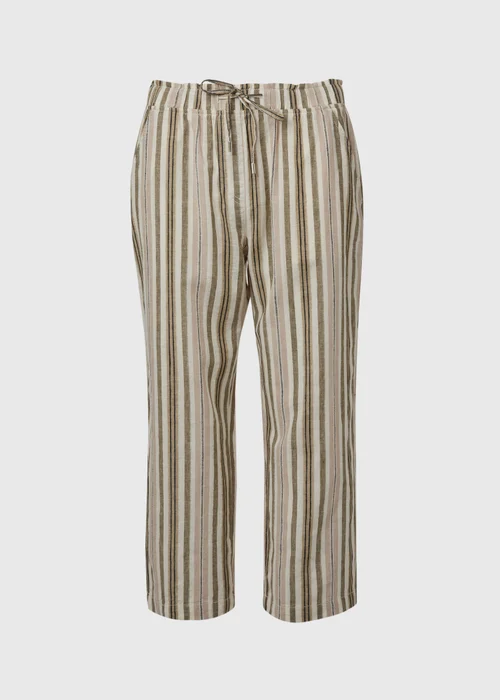 Khaki Stripe Tapered Cropped Linen Trousers - Size 8 Image 5
