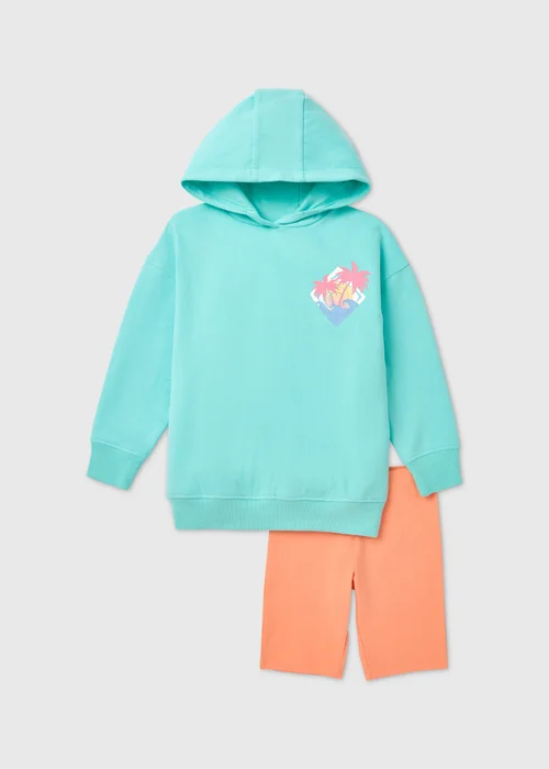 Girls Aqua Hoodie & Cycling Shorts Set (7-13yrs) - 7 Yrs Image 1