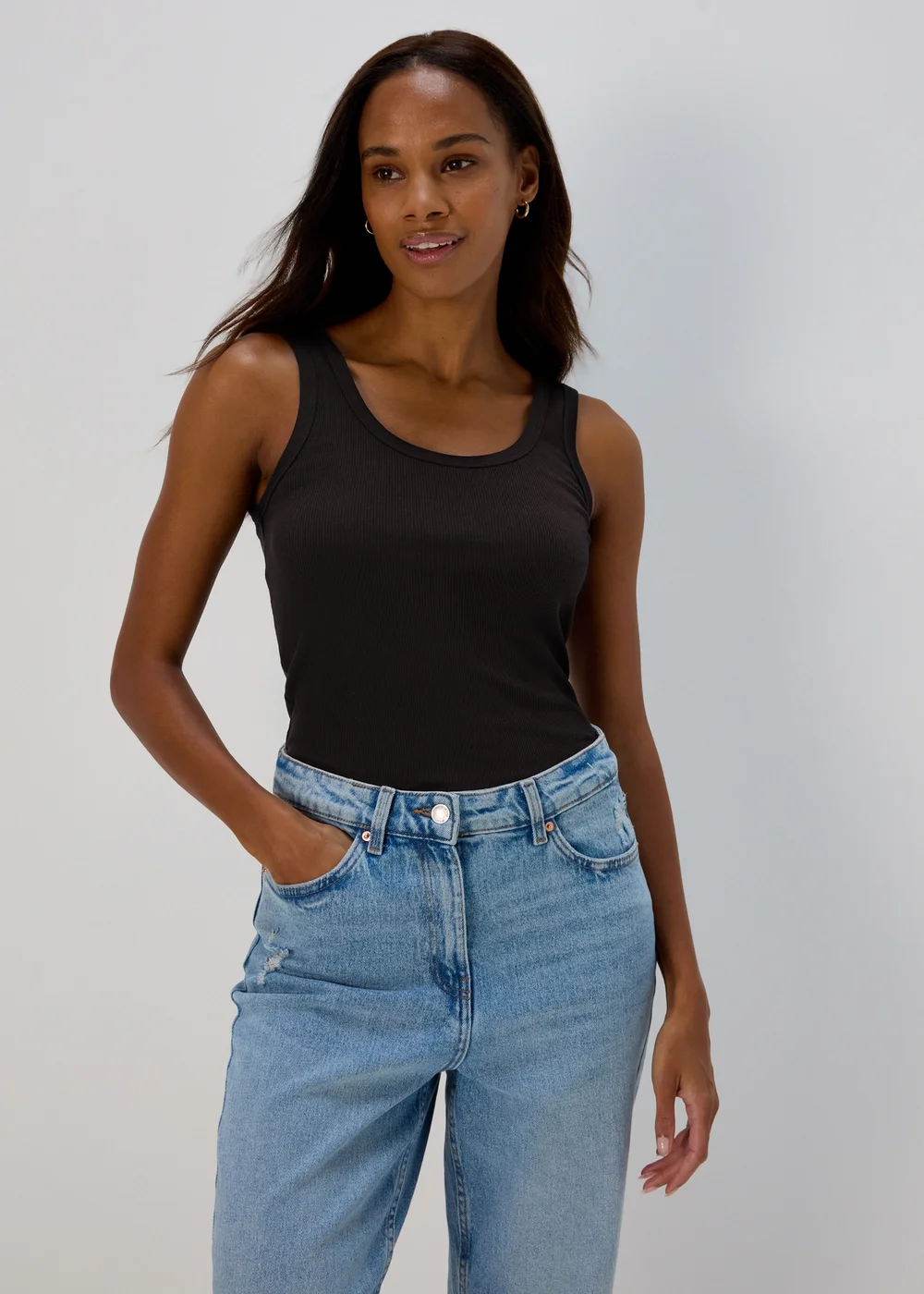 Black Ribbed Jersey Scoop Neck Vest - 8 Image 1