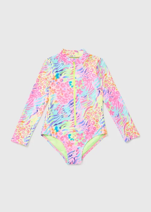 Girls Multicoloured Zebra Print Zip Swimsuit (6-13yrs) - 6-7 Yrs Image 1