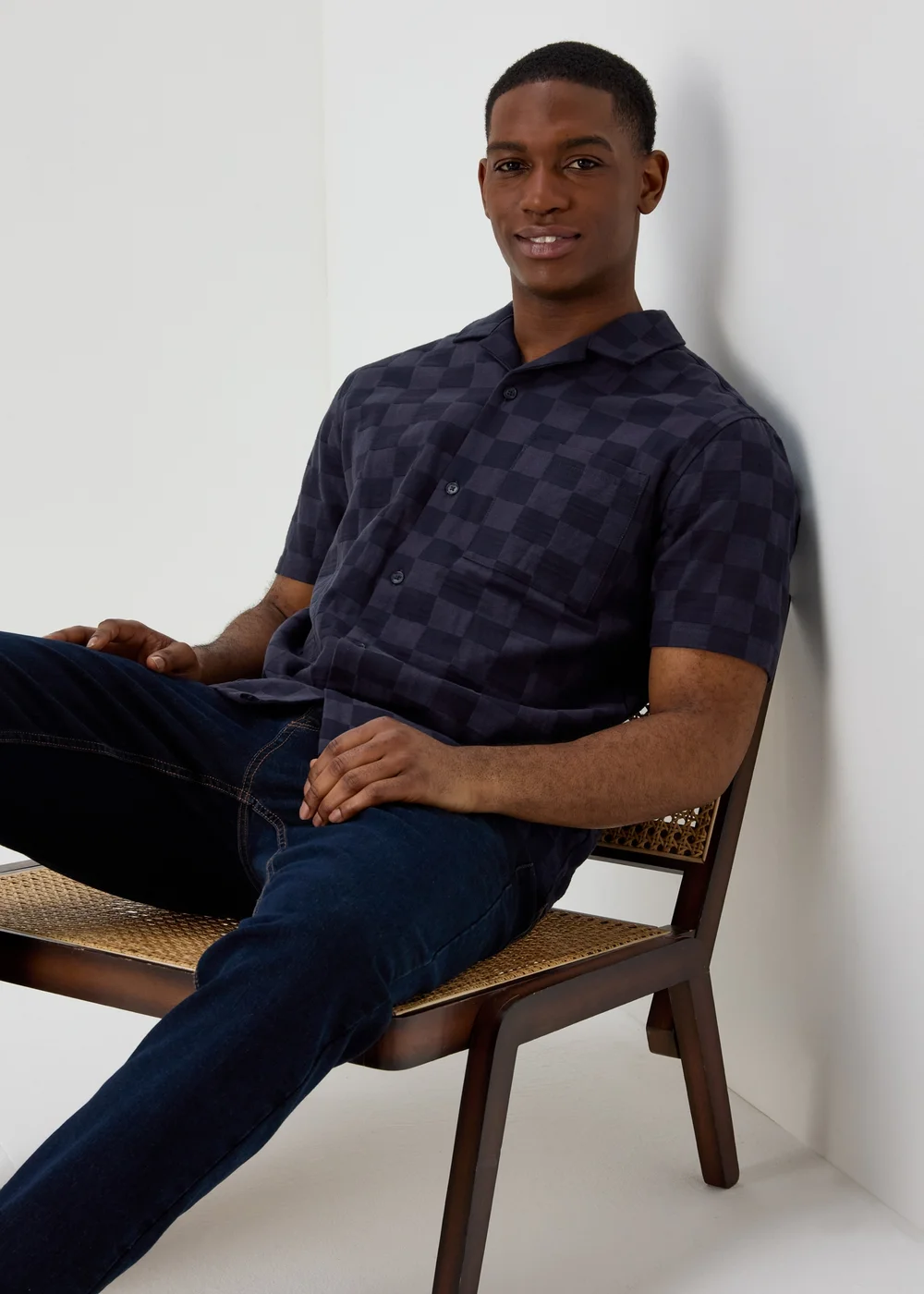 Blue Checkboard Texture Short Sleeve Shirt - Small Image 1