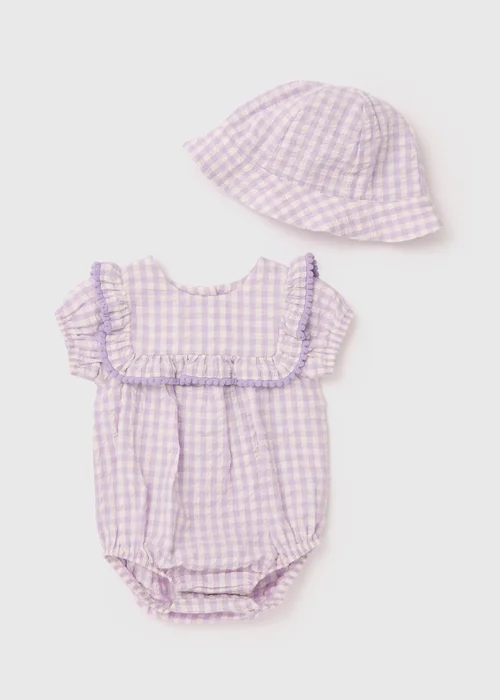 Girls Lilac Crinkle Gingham Romper & Hat (Newborn-18mth) - 0-3 months Image 1