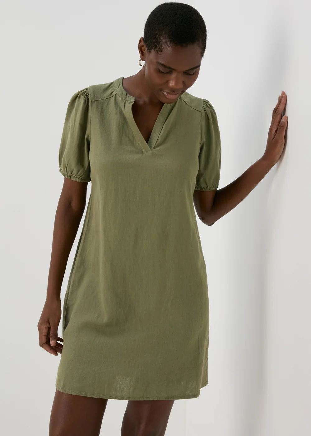 Khaki Solid Basic Linen Mini Dress - 8 Image 4