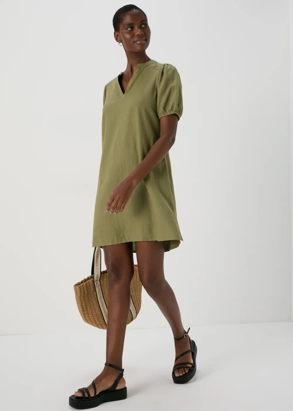 Khaki Solid Basic Linen Mini Dress - 8 Image 1