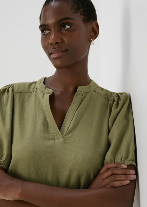 Khaki Solid Basic Linen Mini Dress - 8 Image 3