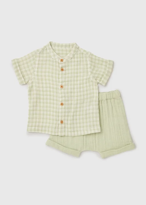 Baby Green Grandad Collar Top & Shorts Set (Newborn-23mths) - Age 6 - 9 Months Image 1