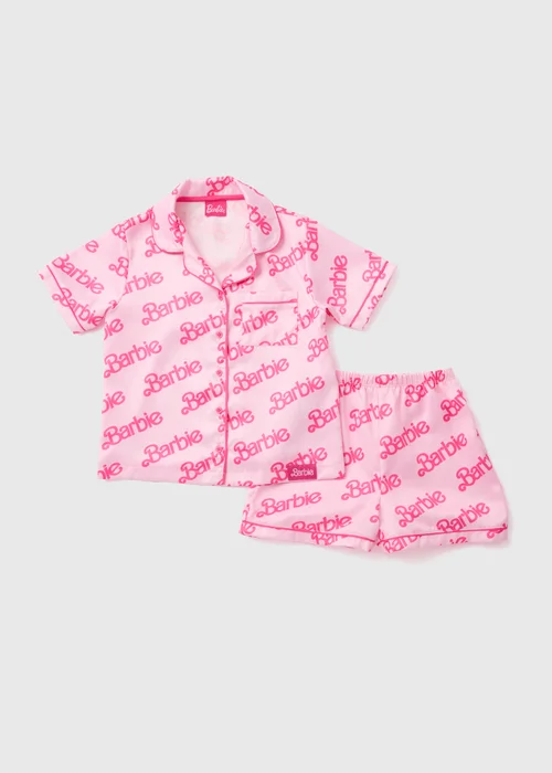 Barbie Pink Slogan Satin Shorts Set (4-12yrs) - Age 4 Years Image 1