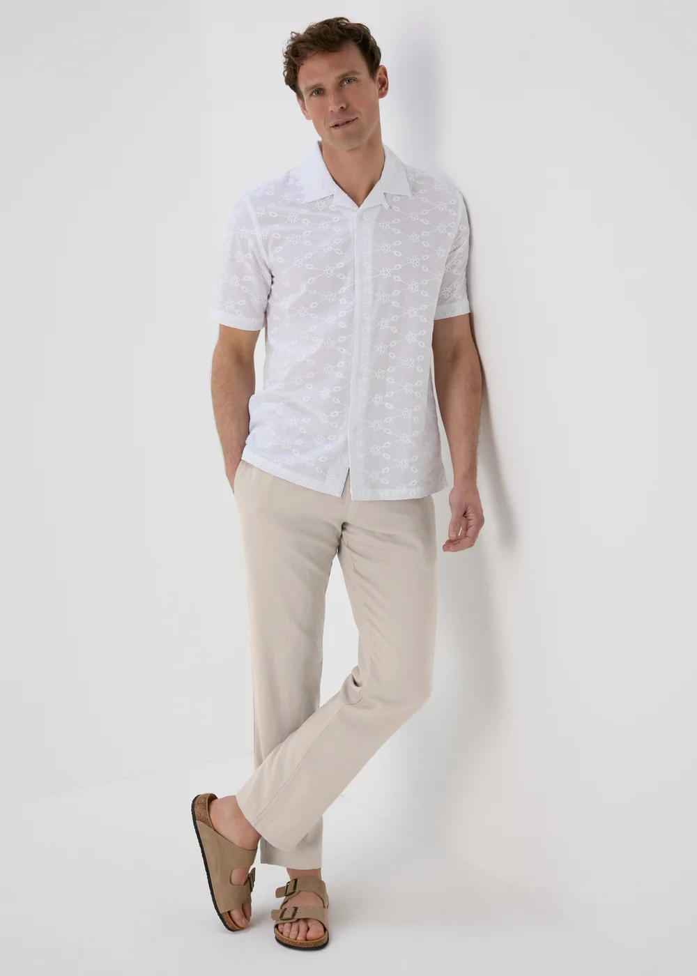 Stone Linen Straight Trousers - 30 Waist Regular Image 1