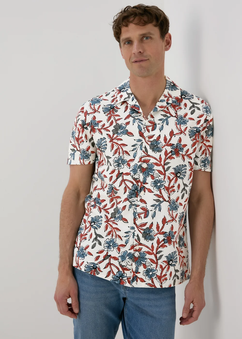 Ecru Red Floral Print Shirt - Small Image 1