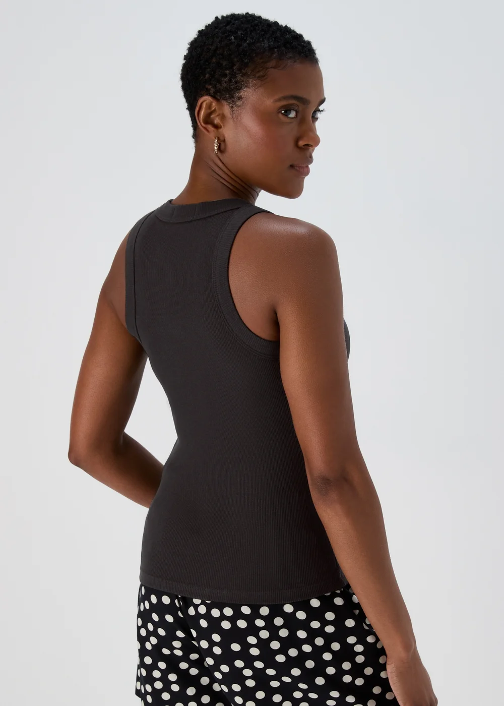 Black Plain High Neck Ribbed Vest - 8 Image 2