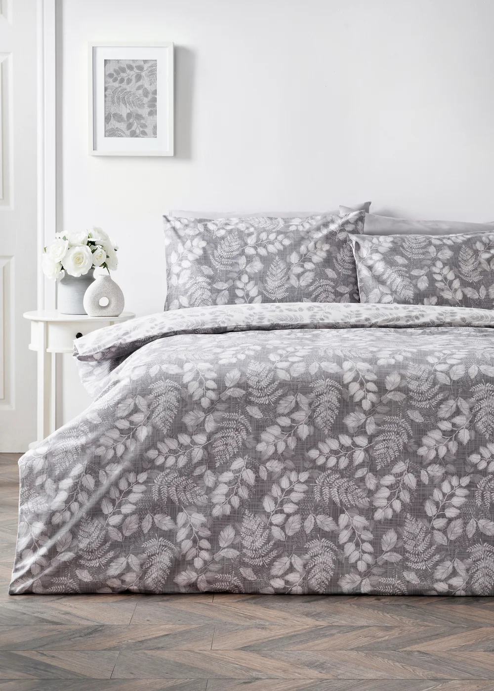 Grey Sketchy Leaf Print Duvet Set - Single Image 1