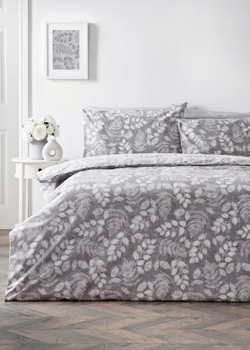Grey Sketchy Leaf Print Duvet Set - Single Image 1