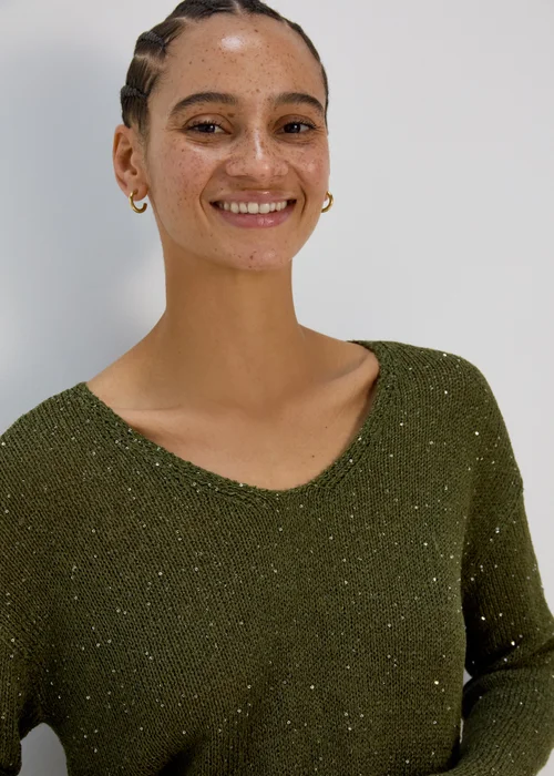 Khaki Sparkle V Neck Jumper - XS Image 3