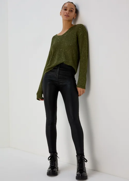 Khaki Sparkle V Neck Jumper - XS Image 4