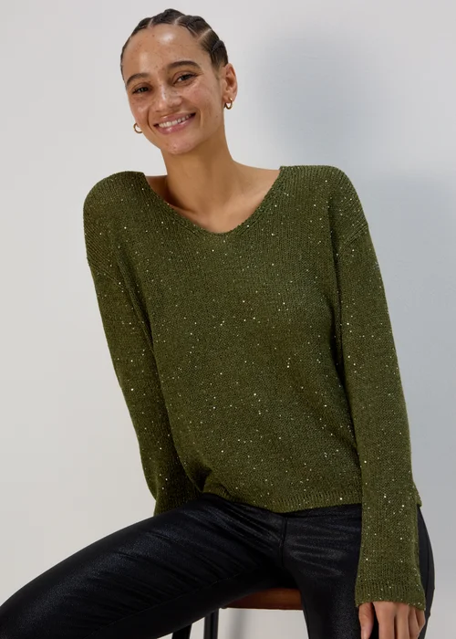 Khaki Sparkle V Neck Jumper - XS Image 1